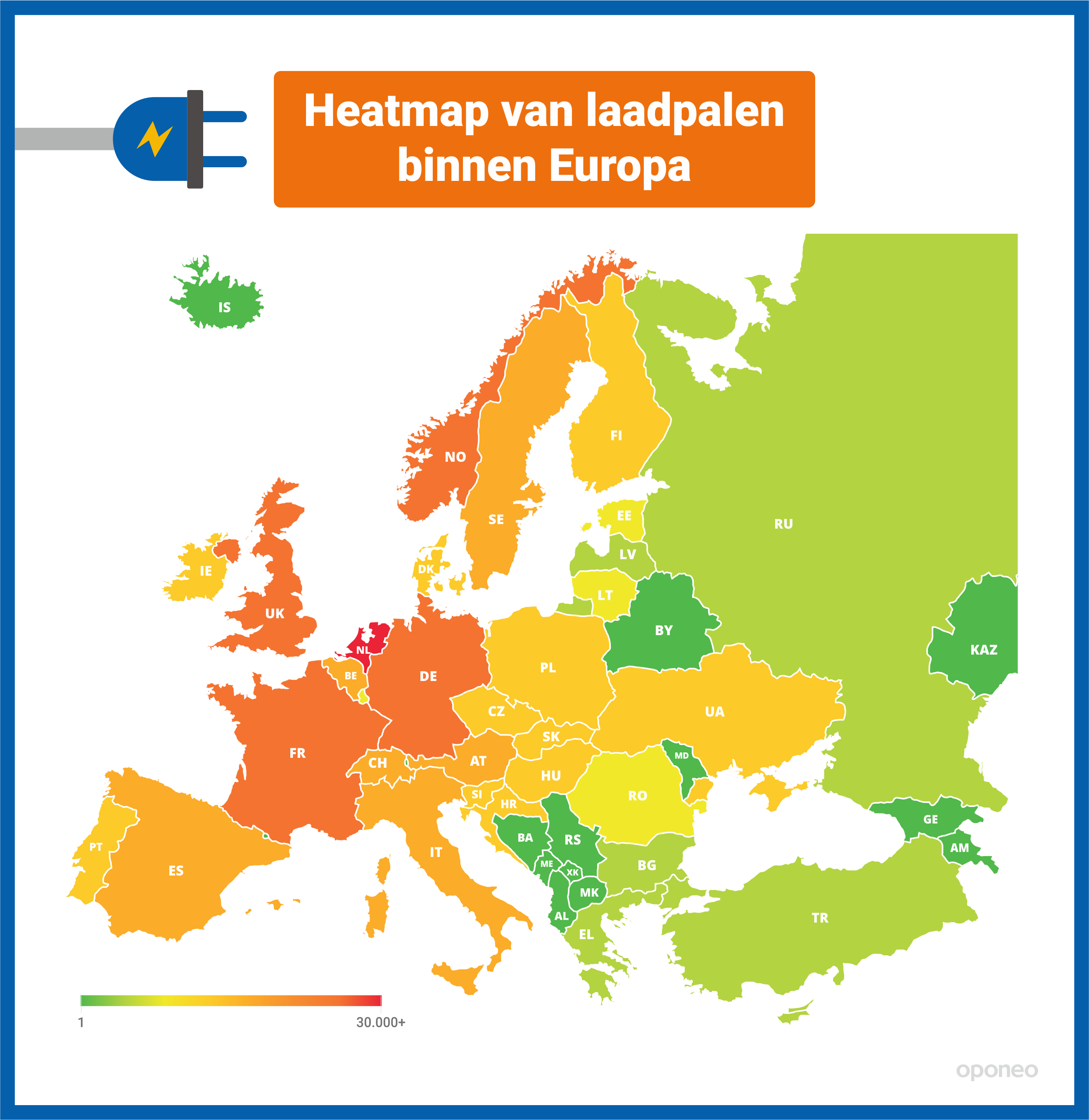 infographic heatmap van laadpalen binnen Europa